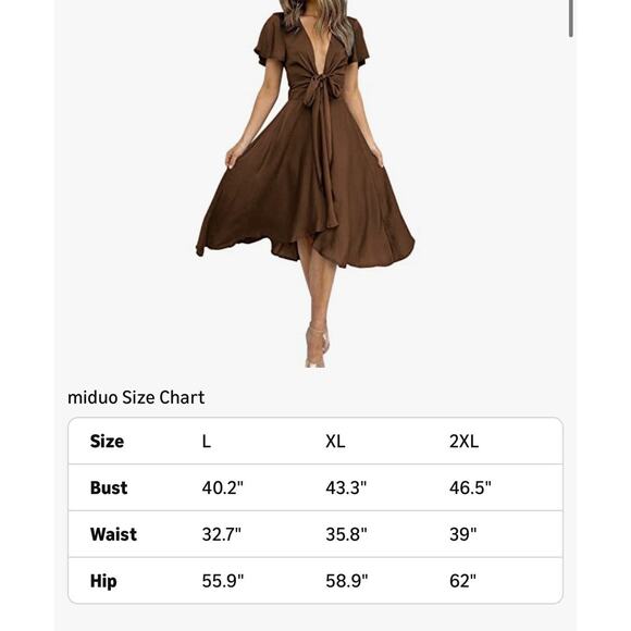 Miduo Women’s Satin V Neck Ruffle Short Sleeve Brown Tie Dress XXL - Picture 3 of 7